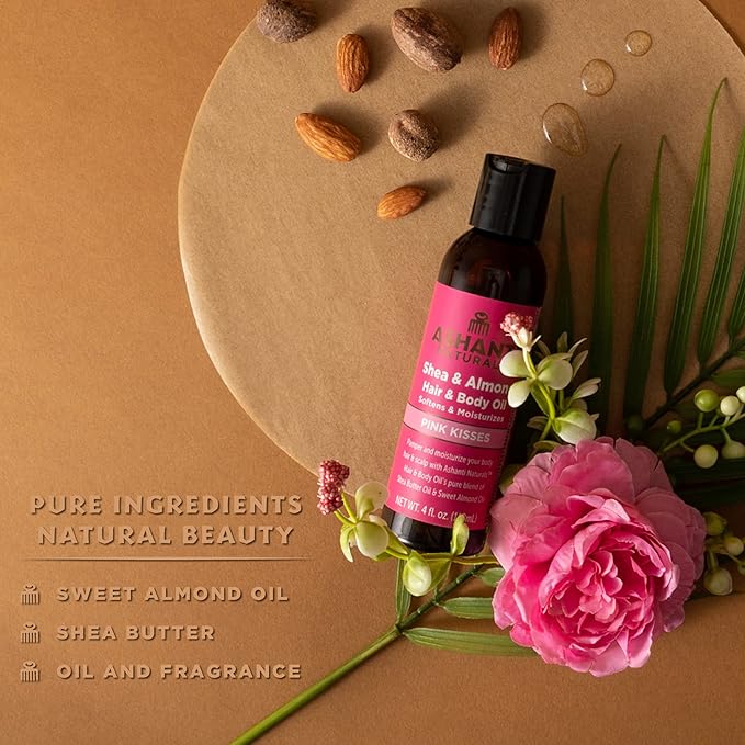 Ashanti Naturals Pure Shea and Sweet Almond Oil for Hair and Skin | Moisturizing Body Oil for Dry Skin, Scalp and Hair [Fragrance: Pink Kisses, 4 oz]