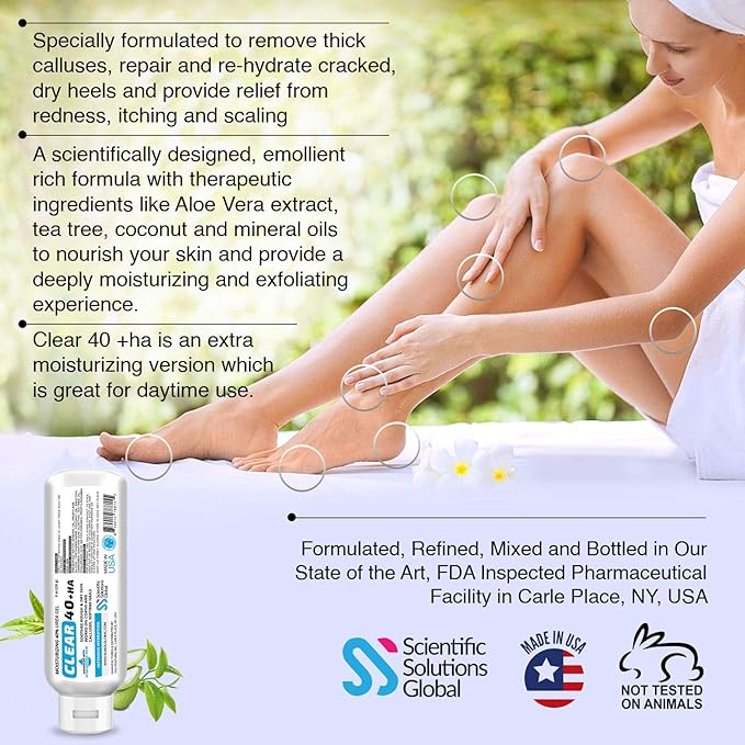 CLEAR 40 HA, 40% Urea Gel, 1% Hyaluronic Acid, 4 oz w/ Tea Tree & Coconut Oil, Aloe Vera, Callus & Corn Remover Softens Cracked Heels, Feet, Elbows, Hands, Nails, Superior hydration to Urea Creams