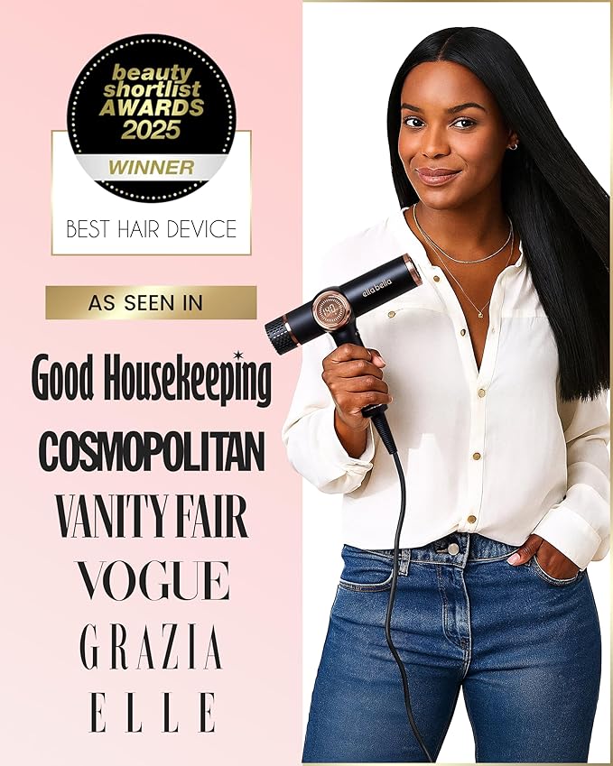 ELLA BELLA® Professional Ionic Hair Dryer with Diffuser • Negative Ion Blow Dryer • Suitable All Hair Types • Intelligent Heat Control & Rapid Drying Speeds • Lightweight Design • Low Noise Technology