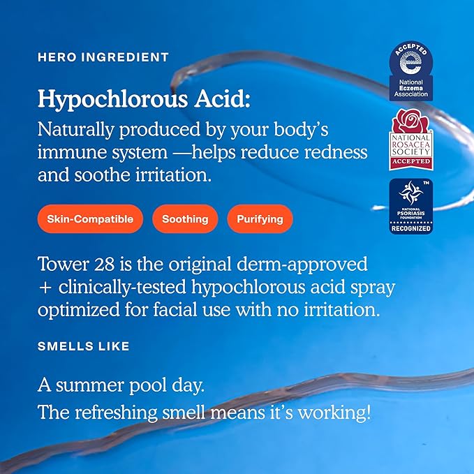 Tower 28 SOS Daily Rescue Facial Spray for Sensitive Skin, Hypochlorous Acid Spray Helps Reduce Redness and Breakouts, Full Size Toner for Face, 4 FL Oz