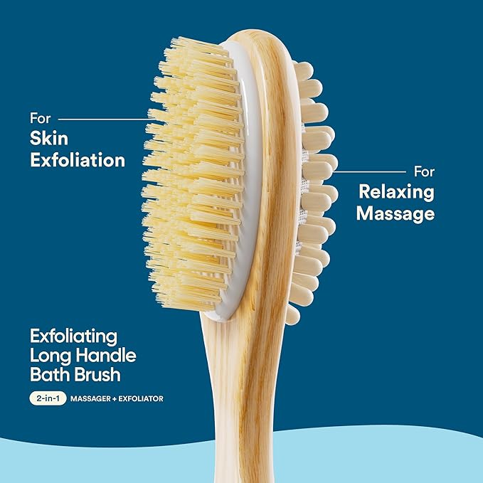 2-in-1 Long Handle Body Brush for Skin Exfoliation and Massage Reduces Cellulite Stimulates Blood Circulation & Reduces Dead Skin Cells Natural, Soft Bristles (Pack of 1) Brown