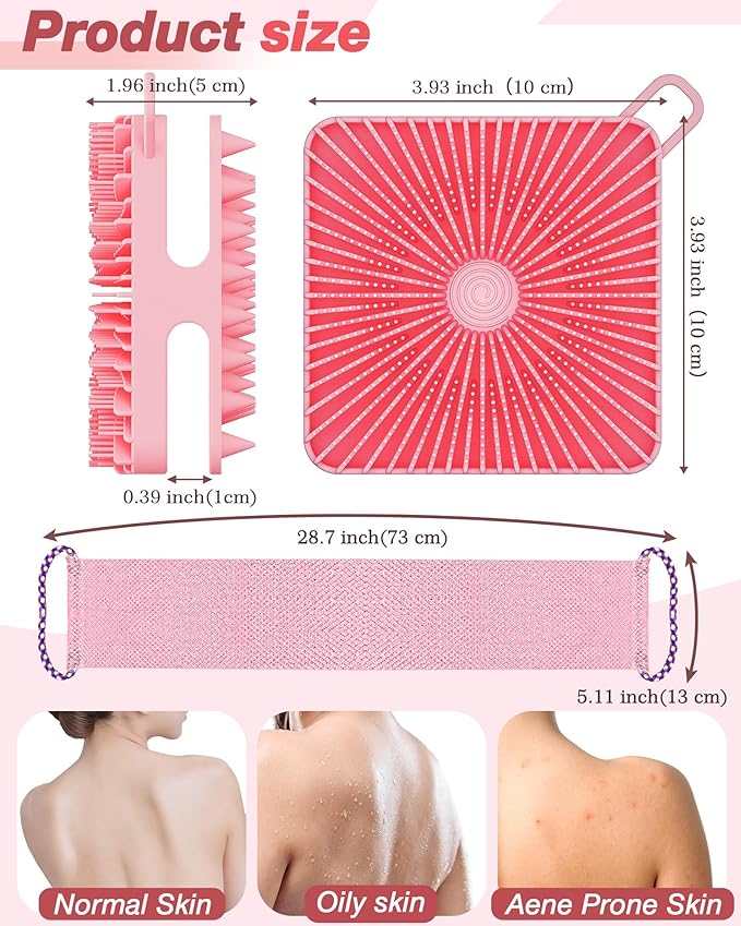 Manmihealth Dual-Sided Silicone Body Scrubber Scalp Massager & African Bath Sponge Net Set, 2-in-1 Silicone Shower Shampoo Brush Africa Wash Net Combination, Lather Well, Strong Exfoliating (Pink)