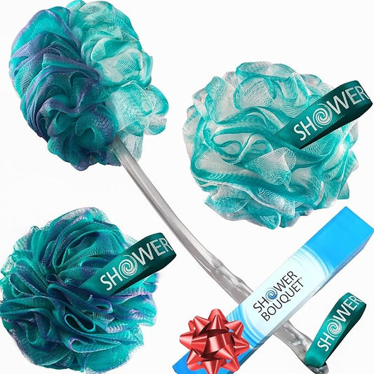 SHOWER BOUQUET 2-Sided-Loofah-Back-Scrubber & Bath-Sponge Set // 1-Long-Handle-Back-Brush Plus 2-Extra-Large 75g Soft Mesh Poufs, Men & Women - Exfoliate with Full Pure Cleanse in Bathing Accessories