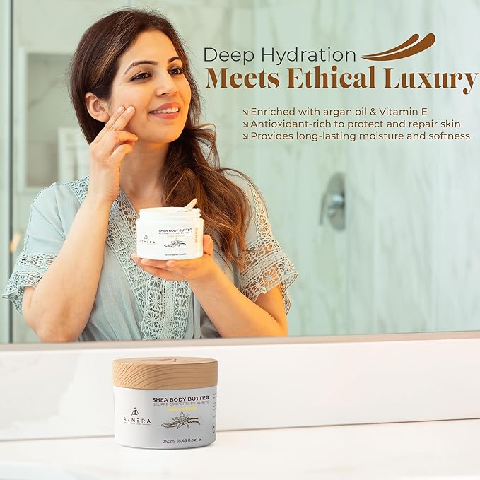 AZMERA Handcrafted Whipped Shea Body Butter – Luxurious Vanilla Bean Scented Moisturizer for Dry, Sensitive Skin, Argan Oil & Vitamin E – Vegan, Non-Greasy Skincare – 8.82 oz