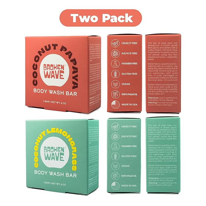 Broken Wave Natural Bar Soap for Women and Men | Hydrating, Vegan, Cruelty-Free Bar Soap | Coconut Lemongrass & Papaya Scent | Sulfate, Paraben & Plastic-Free Body Soap for Soft & Smooth Skin | 2-Pack