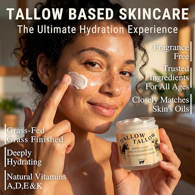 Hallow Tallow Whipped Beef Tallow Moisturizer – 100% Grass-Fed & Finished Tallow Balm with Manuka Honey, Jojoba & Olive Oil, Calendula Extract – Natural Hydrating Face & Body Cream, 4oz