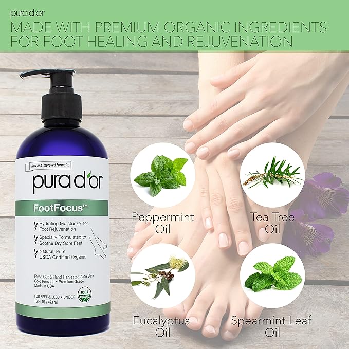 PURA D'OR 16 Oz FootFocus Organic Aloe Vera Gel For Severe Cracked Heel Repair Foot Care Products - Soothes Sore Feet Extra Strength Feet Care - Vitamin E, Peppermint, Tea Tree & Eucalyptus Oil