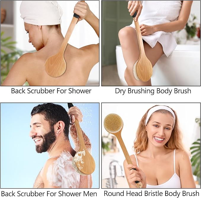 OWIIZI Round Head Back Scrub Brush for Body Shower, Wooden Long Handle Bristles Tub Soaping Bath Brushes, Skin Exfoliator Scrubber Brush for Men Women Elderly Wet or Dry Use