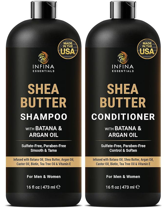 Shea Butter Shampoo & Conditioner Set | 16 fl oz Each | with Batana Oil & Argan Oil | Moisturizing, Strengthening & Frizz Control Formula | Supports Hair Growth & Adds Thickness