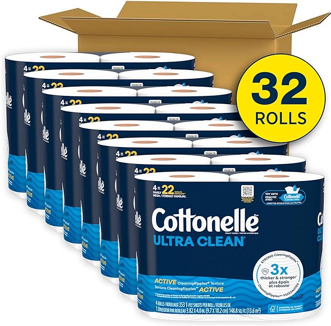 Cottonelle Ultra Clean Toilet Paper with Active CleaningRipples Texture, Strong Bath Tissue, 32 Family Mega Rolls = 176 Regular Rolls (8 Packs of 4)