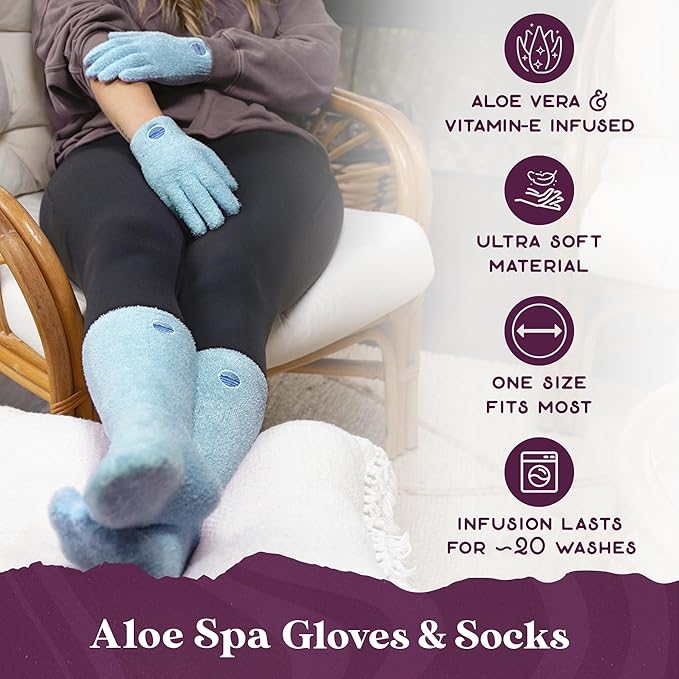 Purple Canyon Aloe Infused Socks and Gloves and Heel Balm Dry Feet Treatment | Blue Socks and Gloves with Vitamin E for Foot Health | Beeswax Essential Oil Balm with Heel Socks for Dry-Cracked Feet