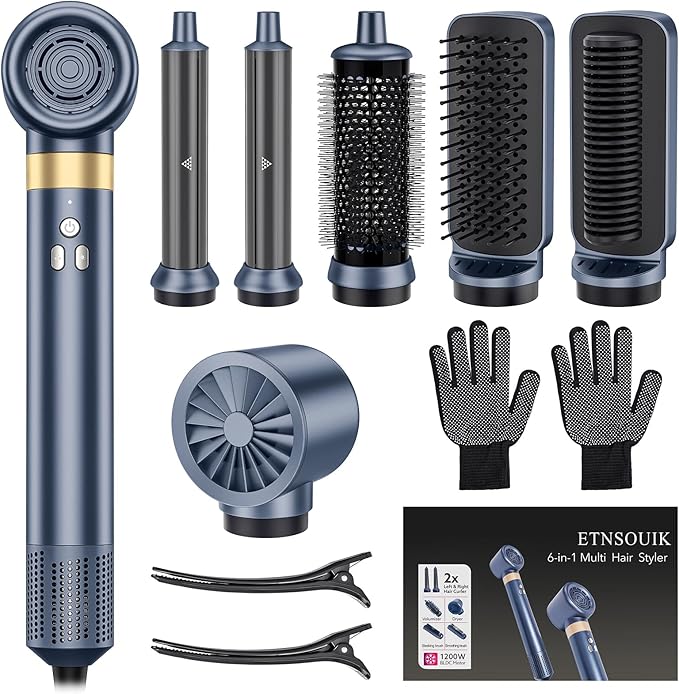 6-in-1 Hair Styler, Hair Dryer, Multi-Function Hot Air Brush Set, Ionic Blow Dryer with Interchangeable Attachments for Curling, Straightening (Gemstone Blue)
