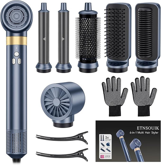 6-in-1 Hair Styler, Hair Dryer, Multi-Function Hot Air Brush Set, Ionic Blow Dryer with Interchangeable Attachments for Curling, Straightening (Gemstone Blue)