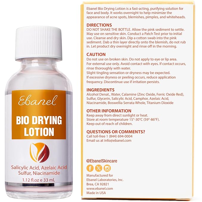 Ebanel Bio Drying Lotion Blemish Spot Solution for Face & Body with Sulfur & Salicylic Acid, Targets Pimples & Zits, Helps Clear Pores and Reduce Surface Blemishes Overnight