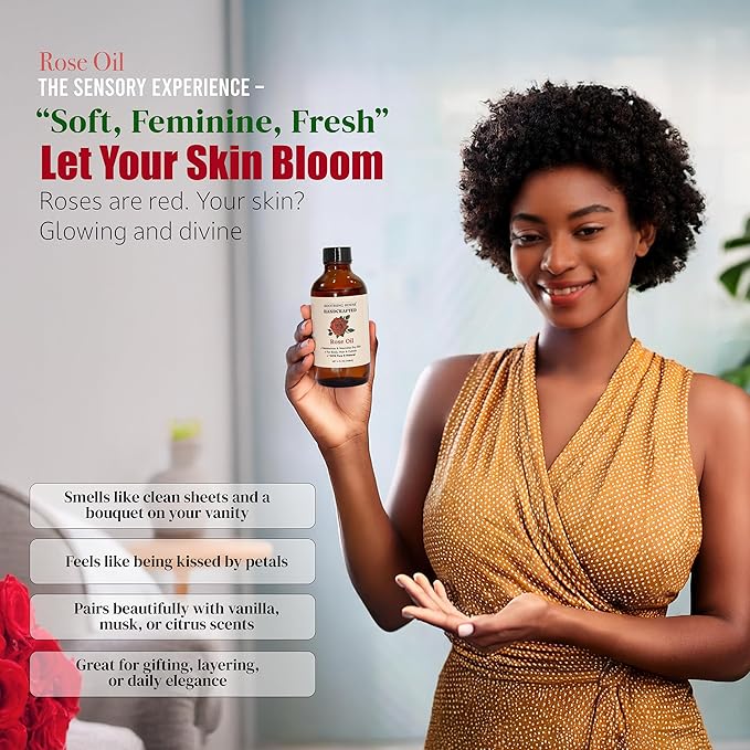 Rose Body Oil, Moisturizing Body Oil for Soft Skin and Dry Skin With Jojoba, Olive, Vitamin E & Rose Oil, 4 oz