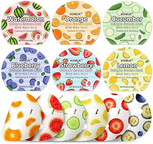 6 Pack Colorful Fruit Face Masks Skincare, Sheet Hydrating Face Mask, Collagen Facial Mask for Skin Care, Stocking Stuffers for Women, Bulk Christmas Gifts and Spa Party Gifts