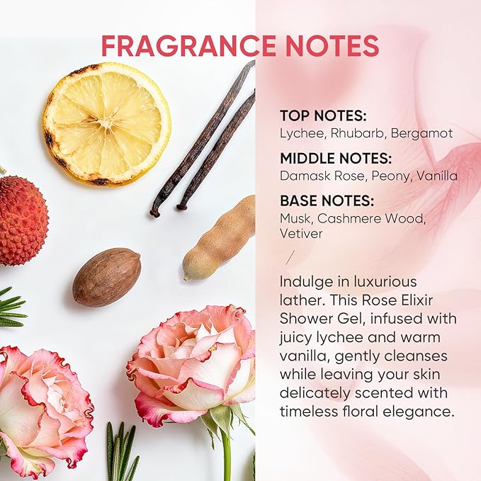 Rose Elixir Body Wash for Women – Moisturizing Shower Gel with Triple Rose Formula, Hydrating Natural Cleanser, Gentle Foaming, Multi-Oil Nourishment, 2-Pack