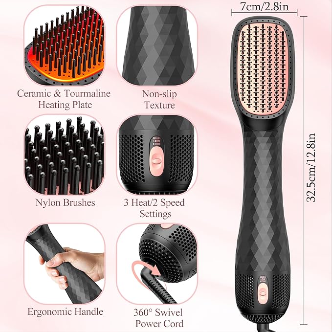 3-in-1 Hair Dryer Brush Straightener, Professional 1200W Ionic Blow Dryer Brush with Ceramic & Tourmaline Technology, 3 Heat/2 Speed Settings One Step Hair Dryer & Styler for All Hair Types