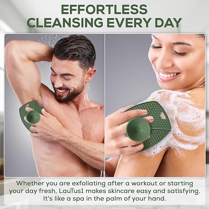 Silicone Body Scrubber - Gentle Exfoliating Shower Brush with Suction Handle & Hook, Soft Loofah Alternative for Men, Women, All Skin Types - Sage Green