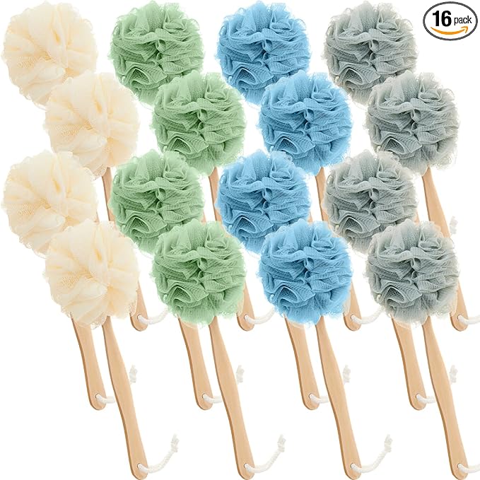 LemonRoad 16 Pcs Large Bath Body Back Brush Loofah on a Stick with Long Handle Back Scrubber for Shower PE Body Bath Sponge Soft Spa Mesh Brush Wash Exfoliating Luffas for Men Women