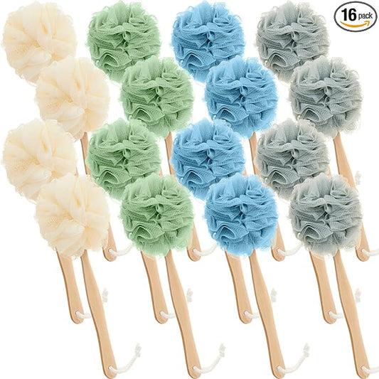 LemonRoad 16 Pcs Large Bath Body Back Brush Loofah on a Stick with Long Handle Back Scrubber for Shower PE Body Bath Sponge Soft Spa Mesh Brush Wash Exfoliating Luffas for Men Women