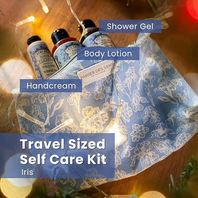 Panier des Sens - Travel Pouch Iris Gift Set - Shower Gel 3.3 fl oz + Body Lotion 3.3 fl oz + Hand Cream 1 fl oz - 97% Natural Ingredients - Made in France, Vegan Friendly Body Care