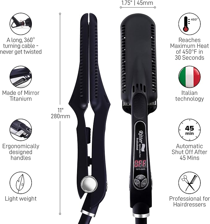 Mirror-Titanium Flat Iron Hair Straightener, 1.75" Wide, Ionic, 260F Up to 480F, 21 Temperature Settings, MCH 85Watt Heaters Keeps Heat with Wet Hair. 110V/220V, Smooth Silky Hair in a Minute. XSZ-10