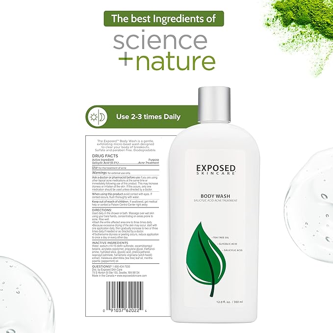 Exposed Skin Care, Body Acne Wash with Salicylic Acid, Glycolic Acid and Tea Tree Oil – Tri-Powered Gentle Exfoliating Cleanser for Back, Chest and Body Acne – Natural, Non-toxic and Cruelty Free