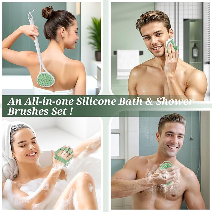 Silicone Back Body Face Scrubbers Set 4PCS, 15.35’’ Back Scrubber Soft Body Scrubber for Dual-Side Usage, Easy-to-Hold Soft Bath Glove & Face Scrubber for Good Foaming Deep Cleaning(Green)