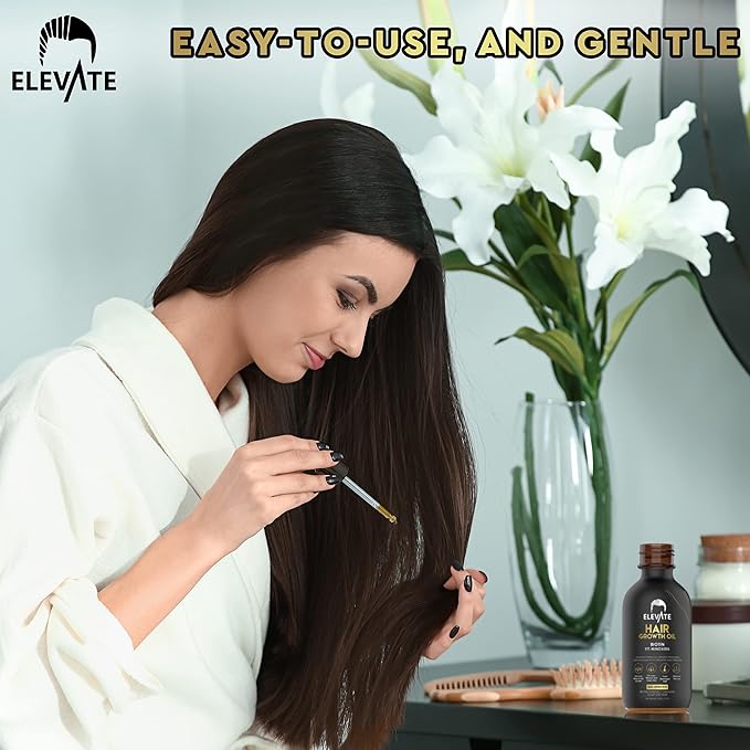 Elevate Hair Regrowth Treatment 5% Minoxidil Solution - Biotin Serum Hair Growth Oil for Men & Women - Thicker Fuller Stronger Hair - Stops Hair Loss & Thinning - Natural Hair Thickening Treatment 1oz