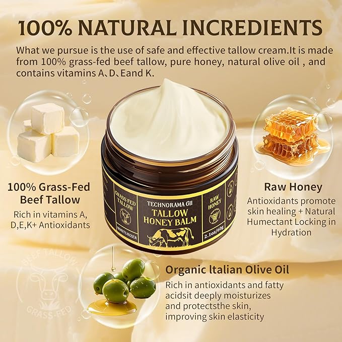 Beef Tallow for Skin，Natural Grass-Fed Beef Tallow and Honey Balm for Face & Body，Whipped Moisturizer for Most Skin Types and Sensitive Skin(60g/2.1oz)