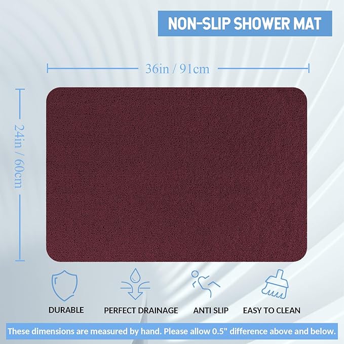 Non-Slip Bathtub Mat, Anti Slip Shower Mat, Fast Drying Bathtub Mats, Foot Scrubber Mat, Anti Slip Mat for Tub, Floor, Bathroom, Kitchen, Home, Hotel (Wine Red 36"×24")