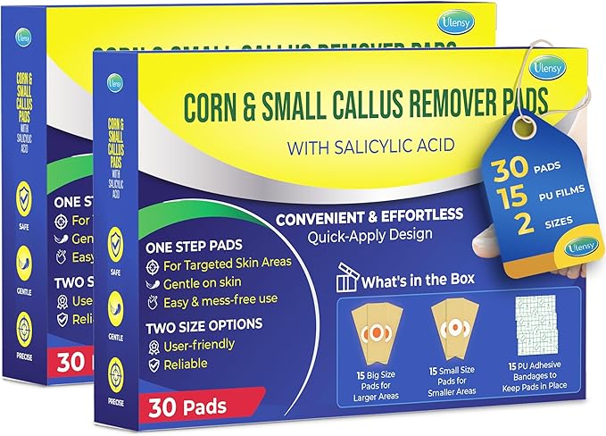 Corn Remover Pads for Feet Toes: 2 Boxes of 30 Pack Salicylic Acid Extra Strength Treatment - Fast Effective Medicated Bandages for Kids Adults Seniors Teens Runners Workers Men Women 60 Blue