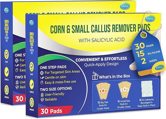 Corn Remover Pads for Feet Toes: 2 Boxes of 30 Pack Salicylic Acid Extra Strength Treatment - Fast Effective Medicated Bandages for Kids Adults Seniors Teens Runners Workers Men Women 60 Blue