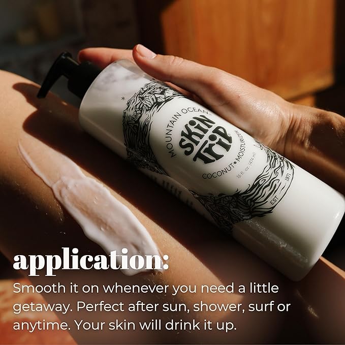 Mountain Ocean Skin Trip Coconut Body Lotion, 16 Oz Pump, Lightweight, Fast Asborbing Moisturizer for Women and Men, with Coconut Oil, Aloe Vera, & Lanolin