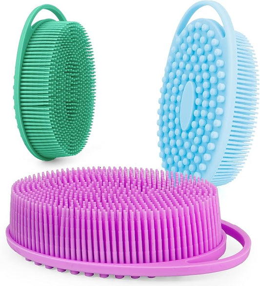 Soft Silicone Body Scrubber 3 PCS Silicone Body Shower, Silicone Loofah 2 in 4 Bath and Shampoo Brush, Body Scrubber Shower Cleaning Exfoliating Use for Sensitive Skin, Lather Well, Blue,Green,Purple