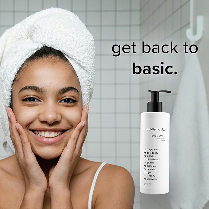Boldly Basic Fragrance Free Body Wash - Gentle Bodywash on Sensitive Skin - Unscented Shower Gel - Dermatologist Tested - No Sulfates, Parabens or Gluten - Non Comedogenic and Hypoallergenic
