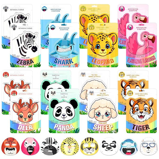16 Pcs Animal Face Masks Bulk Spa Sheet Skincare Facial Mask Funny Face Skin Care for Women Girls Sleepover Slumber Party