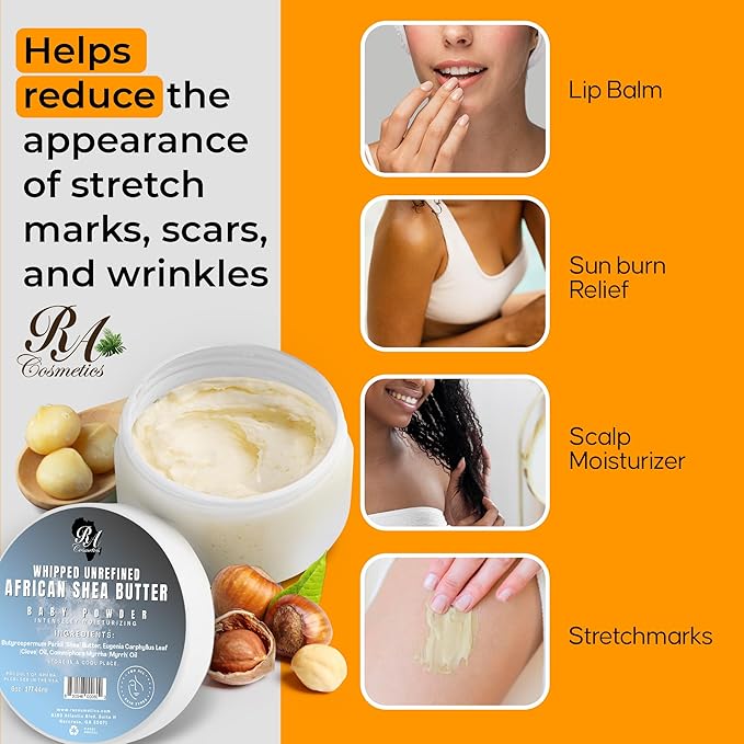 RA Cosmetics Whipped Shea Butter Baby Powder - 6oz | 100% Pure & Natural African Shea Butter for Men & Women - Ultimate Handcrafted Moisturizer with Essential Vitamins for Radiant Skin & Luscious Hair