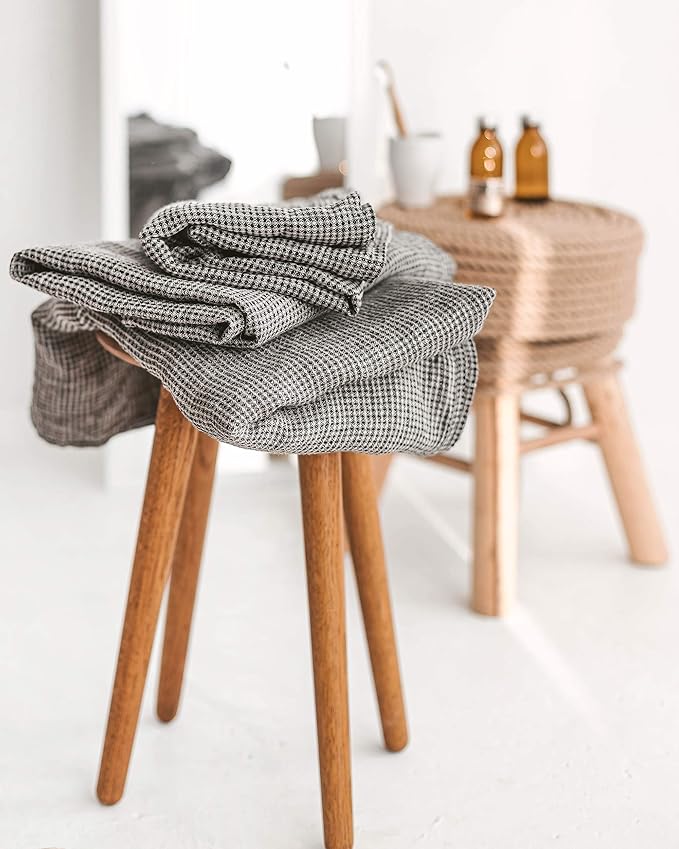 Linen Waffle Towels for Bathroom - 4-Piece 100% Linen Towel Set - 2 Bath and 2 Hand Towels - Black-Natural Thin Pre-Washed Lightweight Quick-Dry Absorbent - Made from European Natural Pure Flax