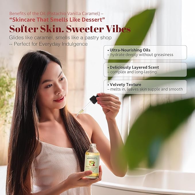 Pistachio Vanilla Caramel Body Oil - Nourishing Body Moisturizer for Soft, Glowing Skin with Jojoba & Almond Oil (4 fl oz)