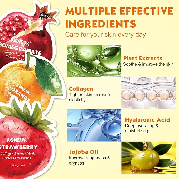 9 Pack Fruit Shaped Face Masks Skincare for Women, Collagen Hydrating Sheet Face Mask for Christmas Gifts, Bulk Facial Masks for Spa Party Gifts and Stocking Stuffers