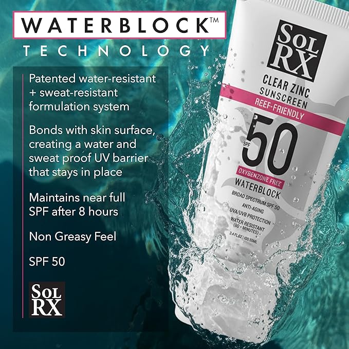SolRX MINERAL+ SPF 50 Mineral Sunscreen with Zinc Oxide – Reef Safe, Broad Spectrum UVA/UVB Protection, Water Resistant Sunblock for Face & Body