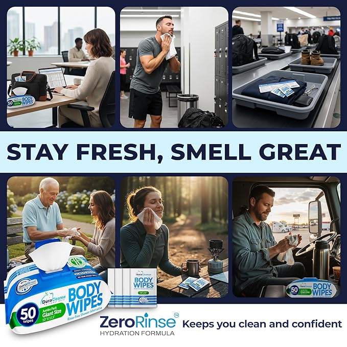 Dura Cleanse XL Body Wipes for Adults – No Rinse Bathing, 50 Count + 4 Travel Shower Sheets, 10" x 11.5" Thick Disposable Washcloths for Elderly, Men & Women, Camping