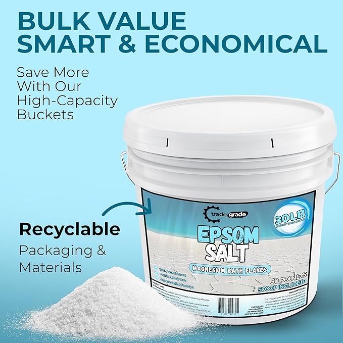 Epsom Salt Bath Soak 30 lb Bucket – Unscented, Pure Epsom Salt Bulk Crystals, Magnesium Sulfate for Full Body or Foot Soaks, Resealable Container with Scoop for Home Bath Use