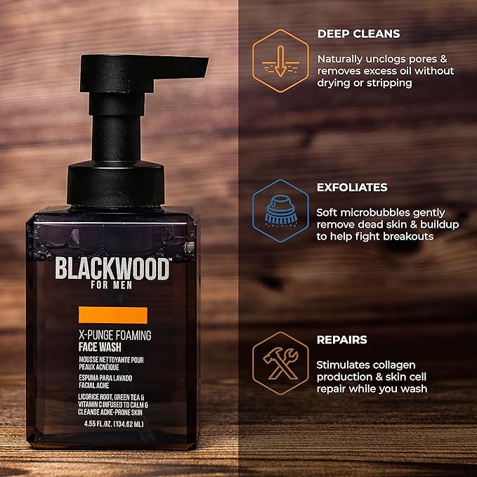 Blackwood For Men X-Punge Foaming Face Wash - Acne Facial Cleanser For Oily to Normal Skin - Deep Cleanse for Exfoliation - Natural Vegan Formula - Paraben Free, Sulfate Free, & Cruelty Free (4.55 oz)