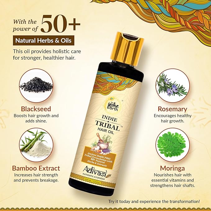 The Indie Earth Indie Tribal Adivasi Hair Oil Based on Hakki Pikki Tribe’s Hair Care Formula with 50+ potent ingredients including Moringa, Bhringraj, Hibiscus, Heena, Blackseed & Rosemary Oil