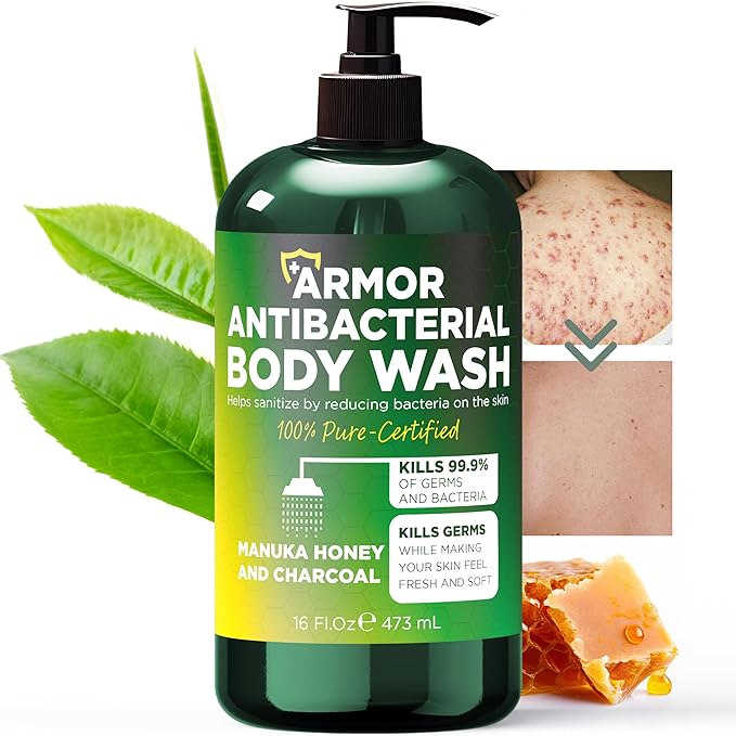 Antibacterial Body Wash | Antifungal Soap for Men & Women | Kills 99.9% of Germs & Bacteria | Helps with Back Acne, Body Odor, Jock Itch & Skin Irritation | Manuka Honey & Charcoal, 16 fl oz