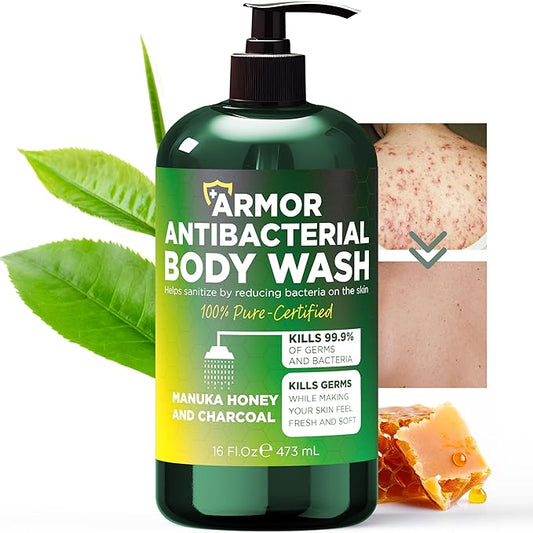 Antibacterial Body Wash | Antifungal Soap for Men & Women | Kills 99.9% of Germs & Bacteria | Helps with Back Acne, Body Odor, Jock Itch & Skin Irritation | Manuka Honey & Charcoal, 16 fl oz