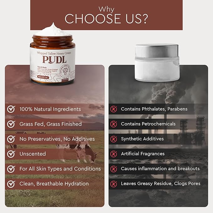 PUDL Grass Fed Beef Tallow for Skin Care with Manuka Honey, Organic Olive Oil and Jojoba Oil – Whipped Lotion Balm Anti-Aging Moisturizer Deeply Nourishing for Sensitive Skin Face & Body